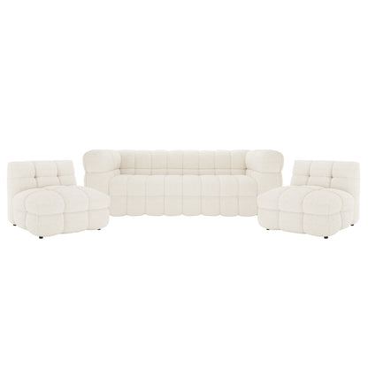 Norah 5 Seater Boucle Fabric Sofa Set in Cream White features a three-seat sofa with tufted cushions and matching armless chairs, all designed in a puffy, block-style for modern elegance.