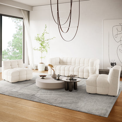 Norah 5 Seater Boucle Fabric Sofa Set in Cream White, featuring a tufted three-seat sofa and two armless chairs, styled with round coffee tables and a light-gray area rug in a bright living room.