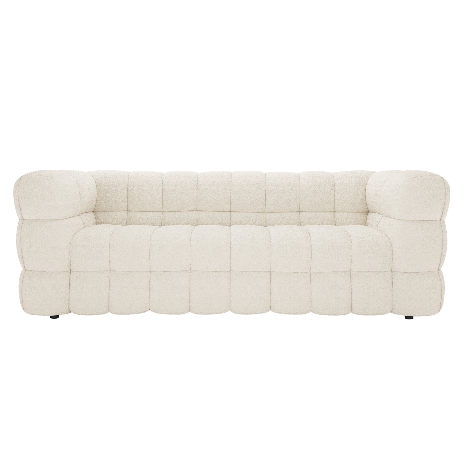 Norah 5 Seater Boucle Fabric Sofa Set in Cream White features a modern design with cream-colored upholstery, deep tufting, and blocky cushion modules, exuding elegance and versatility for any living space.