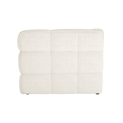 Norah 5 Seater Boucle Fabric Sofa Set in Cream White features a low-profile, modern sectional with a quilted stitching pattern and gently rounded cushions, upholstered in light-cream bouclé fabric.