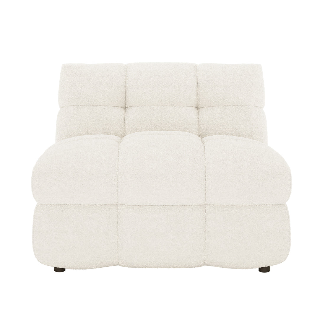 The Norah 5 Seater Boucle Fabric Sofa Set in Cream White features an armless lounge module with deeply tufted, quilted pillows, showcasing its plush, modular design for a modern living room.