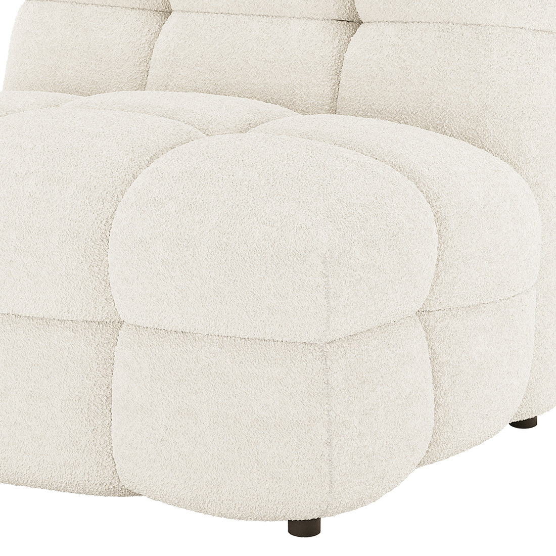 Close-up of the Norah 5 Seater Boucle Fabric Sofa Set in Cream White, showcasing the tufted modular corner piece with boucle upholstery and dark cylindrical legs, highlighting its luxurious texture and modern design.