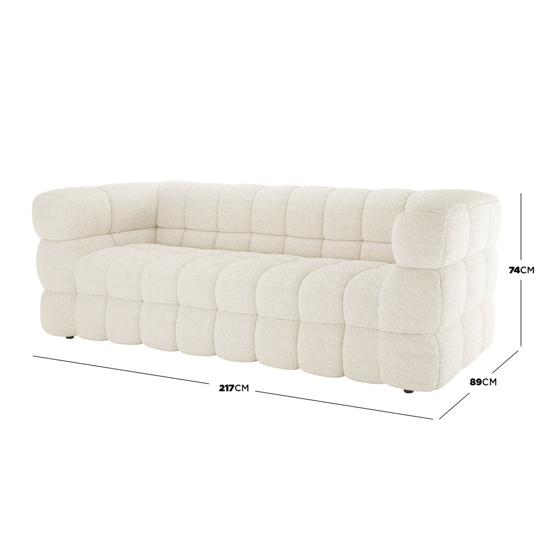 Norah 5 Seater Boucle Fabric Sofa Set in Cream White features a modern, tufted, cloud-like design with off-white bouclé upholstery and sculptural, rounded cushions, perfect for contemporary living spaces.