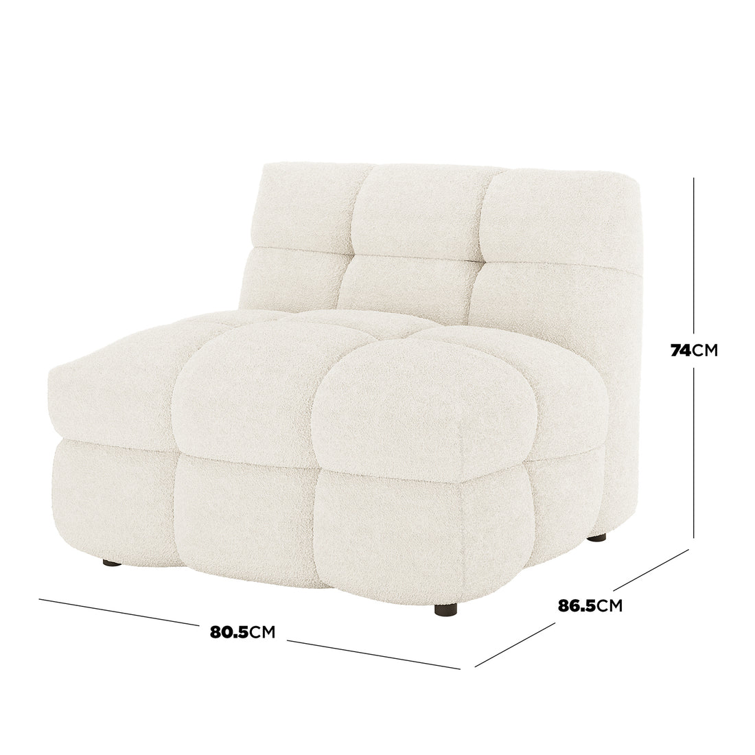 Norah 5 Seater Boucle Fabric Sofa Set in Cream White, featuring an armless lounge-chair design with tufted, cushiony square sections in luxurious boucle fabric, and dimensions marked alongside for reference.