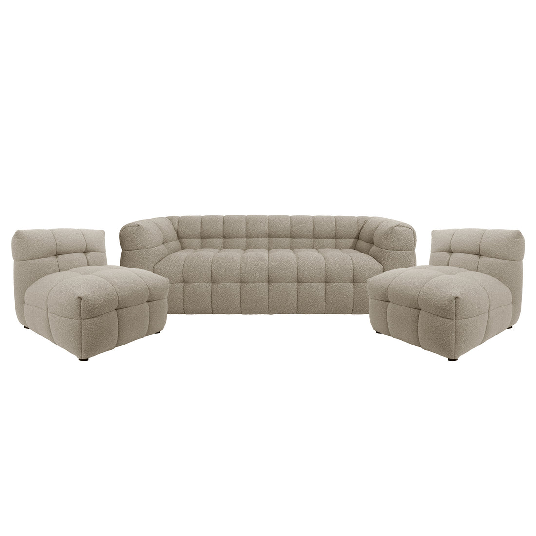 Norah 5-Seater Boucle Sofa Set with Armless Chairs in Warm Beige, featuring a three-seat tufted sofa and two matching armless lounge chairs, all with quilted upholstery and a cushion-like form.