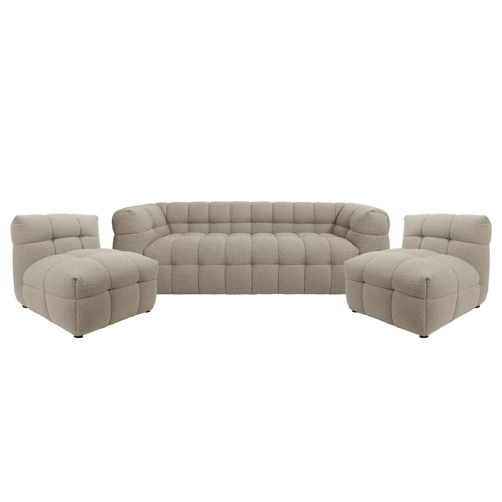 Norah 5-Seater Boucle Sofa Set with Armless Chairs in Warm Beige, featuring a three-seat tufted sofa and two matching armless lounge chairs, all with quilted upholstery and a cushion-like form.