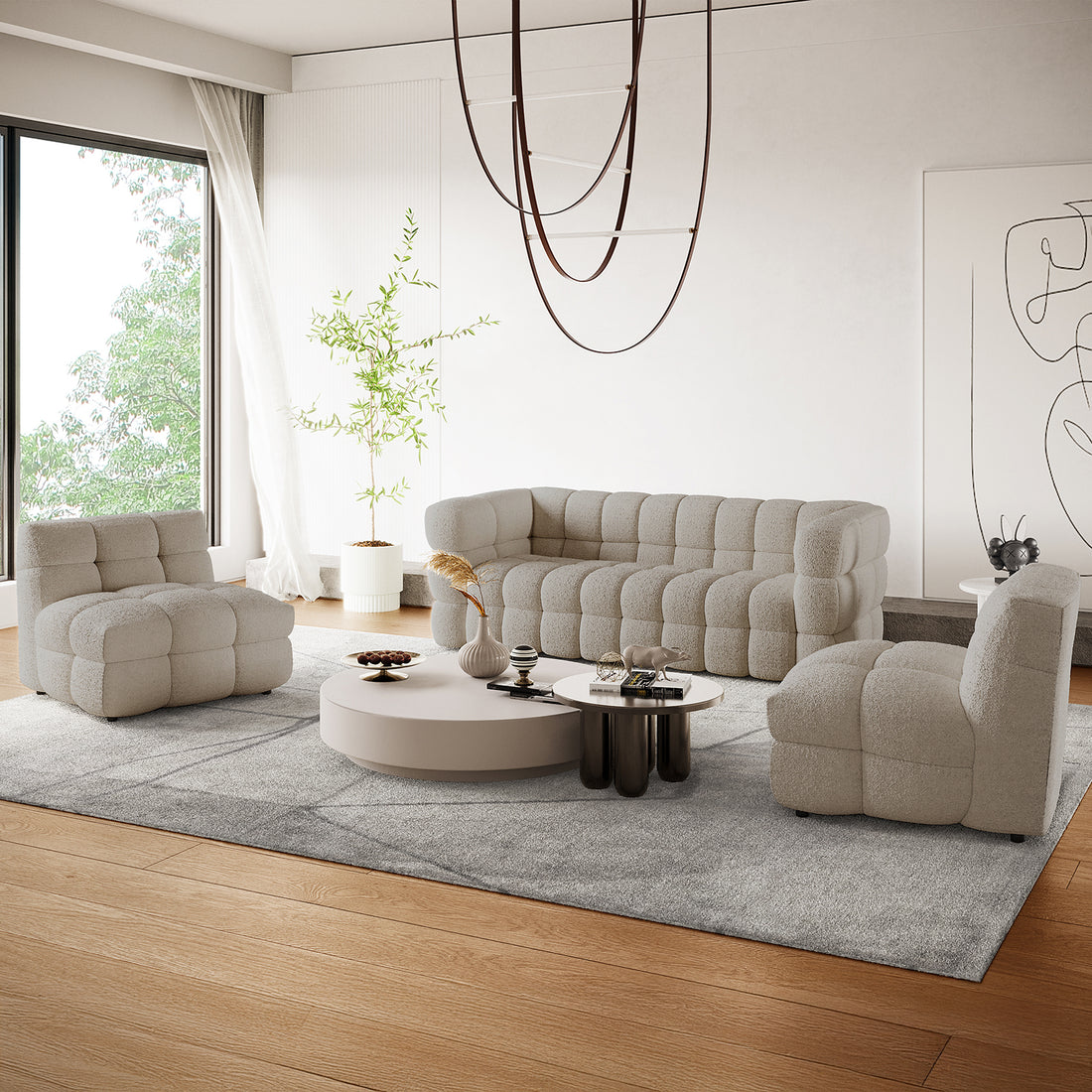 Norah 5-Seater Boucle Sofa Set with Armless Chairs in Warm Beige features an L-shaped tufted design, complemented by matching lounge chairs and round coffee tables, creating a contemporary, inviting living space.