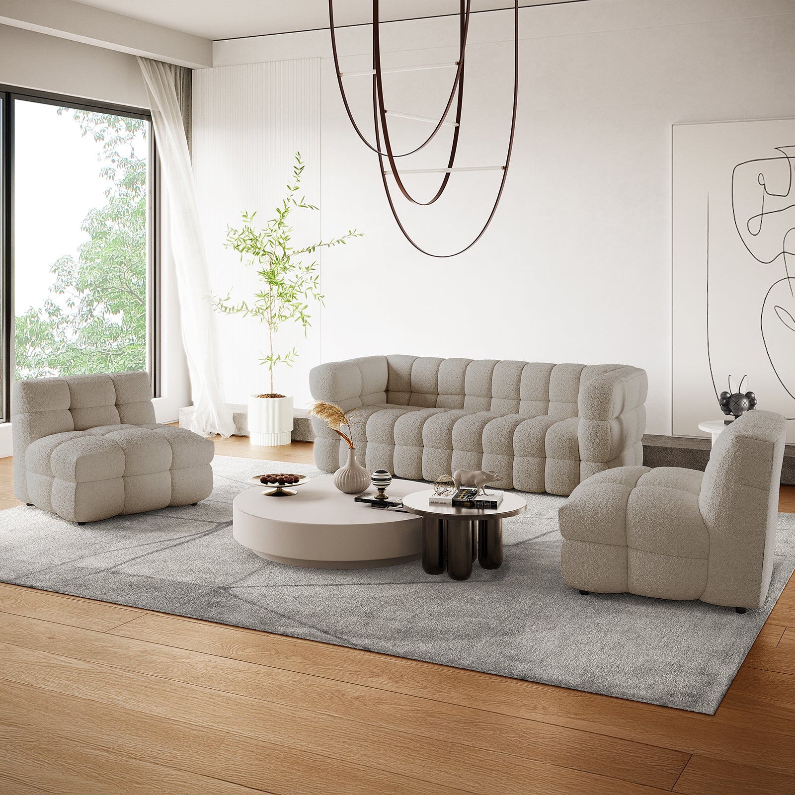 Norah 5-Seater Boucle Sofa Set with Armless Chairs in Warm Beige features an L-shaped tufted design, complemented by matching lounge chairs and round coffee tables, creating a contemporary, inviting living space.