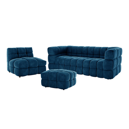 Norah 5 Seater Velvet Sofa Set with Ottoman in Blue featuring a modular design with a three-seat sofa, armless lounge chair, and matching ottoman, all with plush, tufted cushions.