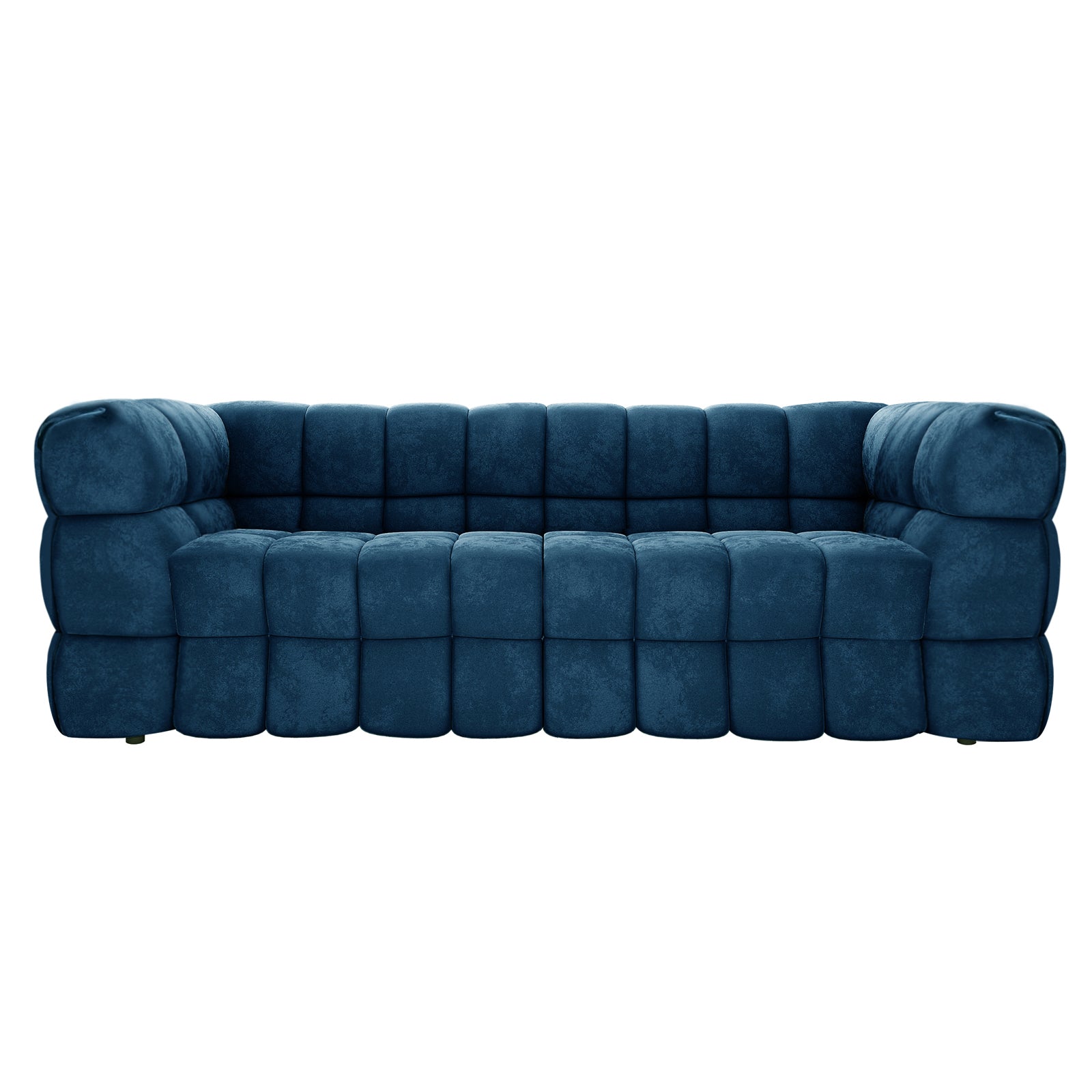 Modern Norah 5 Seater Velvet Sofa Set in blue with tufted block design, matching arms and back height, and low feet, offering luxurious seating and modular versatility with an included ottoman.
