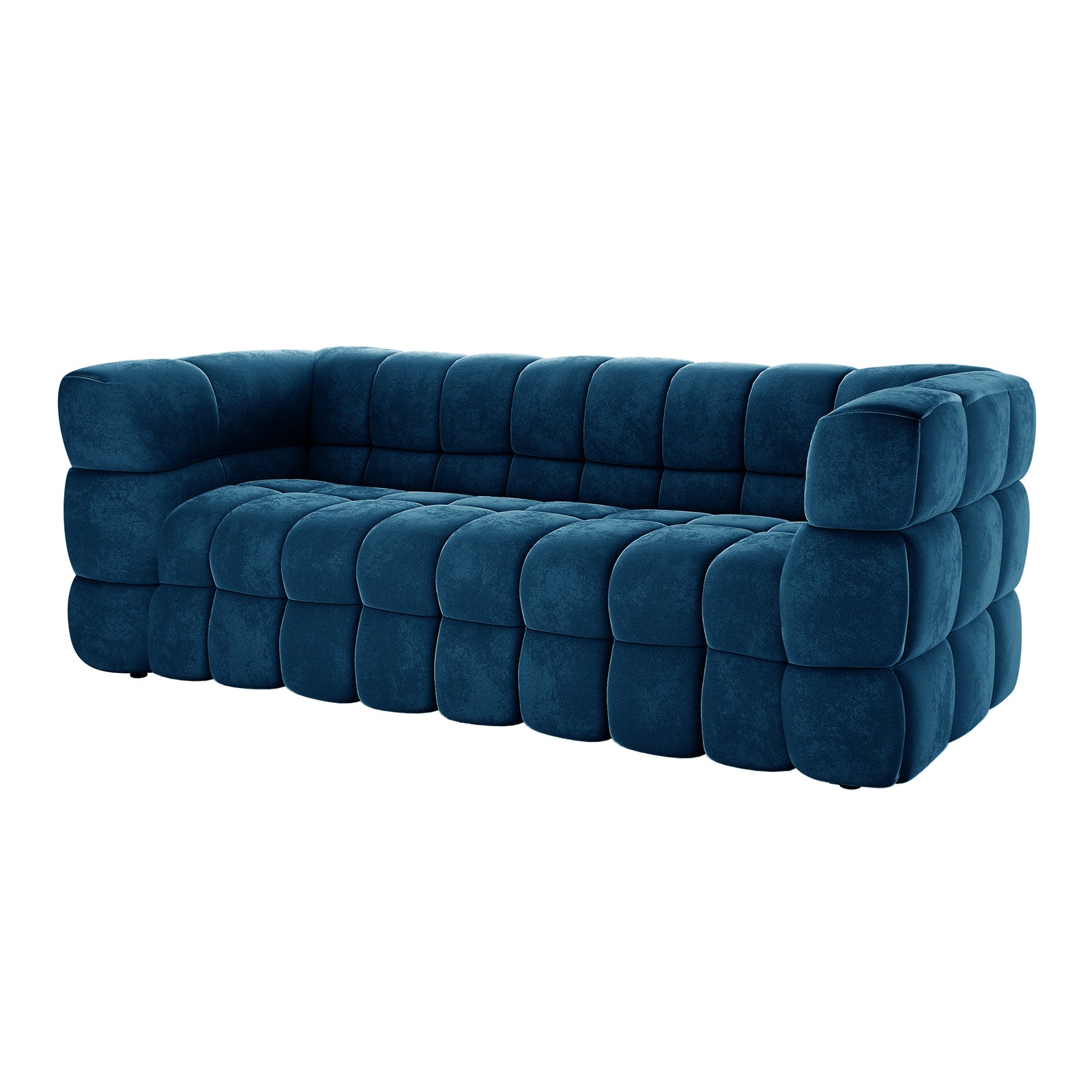 Norah 5 Seater Velvet Sofa Set with Ottoman in Blue features a sculptural, tufted design with cushioned cubes for a plush appearance, upholstered in luxurious velvet, perfect for modern living spaces.