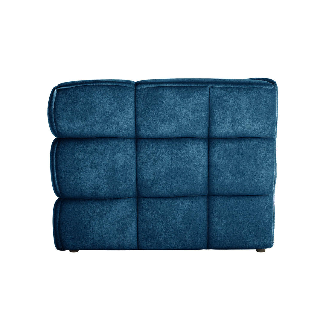 Norah 5 Seater Velvet Sofa Set with Ottoman in Blue; features a deep-blue, tufted, square ottoman with a 3×3 grid of padded, velvet-like panels, showcasing luxurious and elegant design.