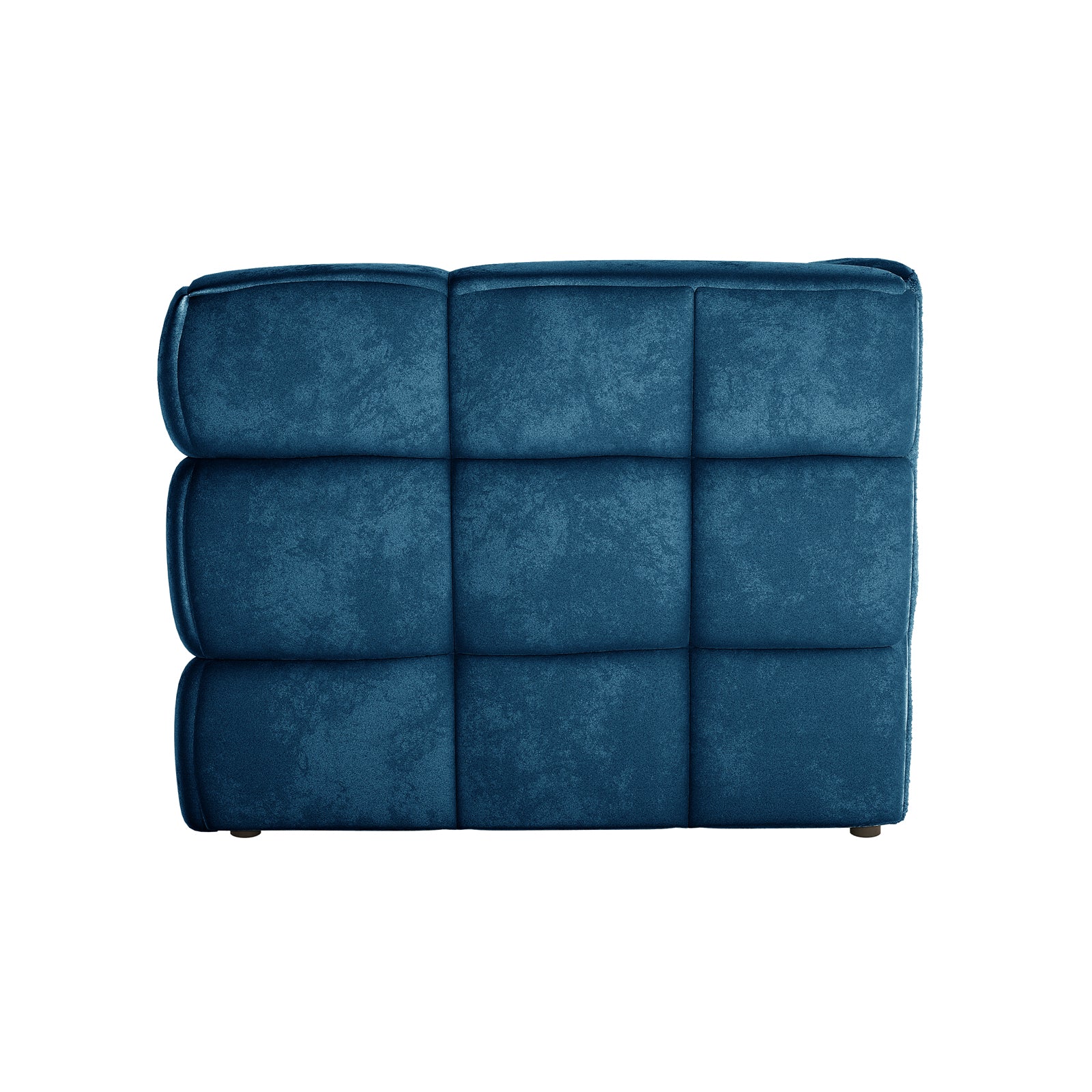 Norah 5 Seater Velvet Sofa Set with Ottoman in Blue; features a deep-blue, tufted, square ottoman with a 3×3 grid of padded, velvet-like panels, showcasing luxurious and elegant design.