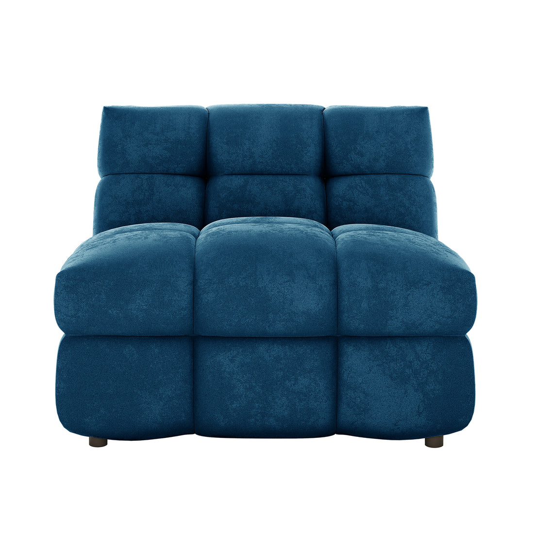 Norah 5 Seater Velvet Sofa Set with Ottoman in Blue features a plush modular section with deep blue upholstery, showcasing large, rounded cushion blocks in a 3×2 grid for a cloud-like appearance.