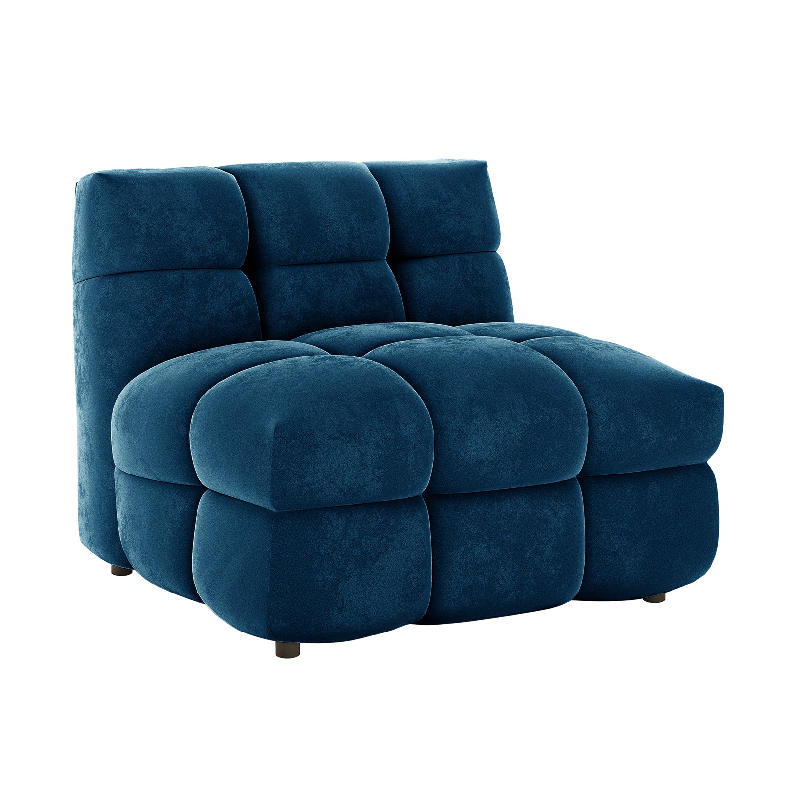 Norah 5 Seater Velvet Sofa Set with Ottoman in Blue features a plush, quilted armless lounge chair module in deep teal-blue, showcasing oversized cushion cubes for a contemporary, modular design.