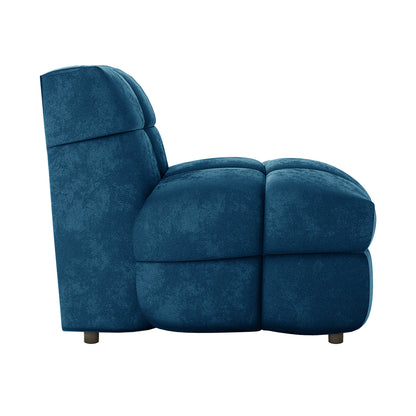 Norah 5 Seater Velvet Sofa Set with Ottoman in Blue features a deep blue, armless module with plush, rounded cushions on short feet, highlighting its modern, elegant design.