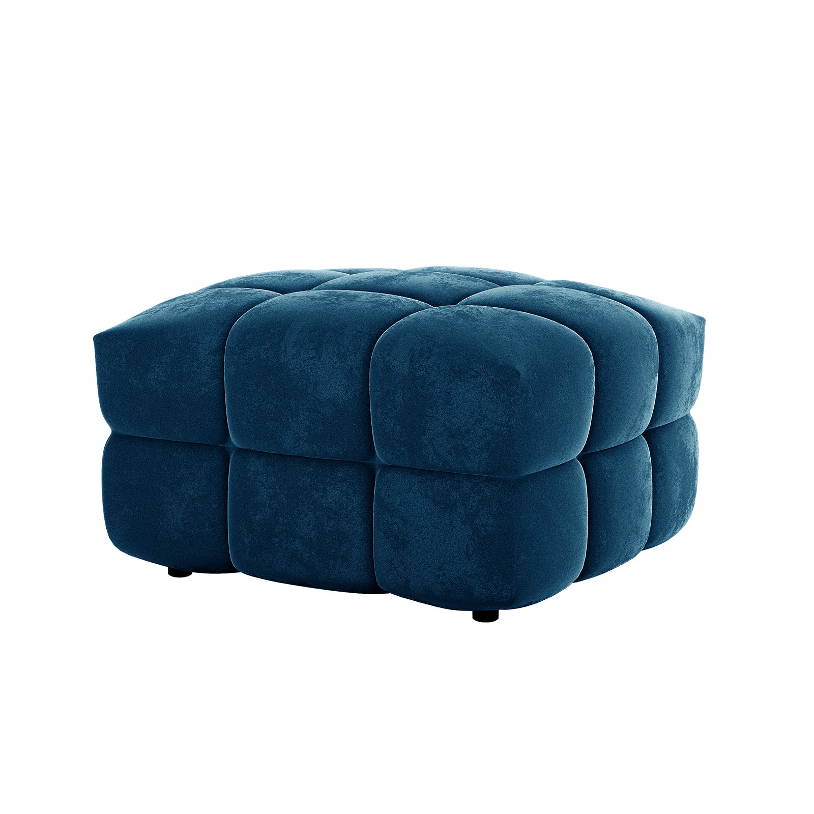Norah 5 Seater Velvet Sofa Set with Ottoman in Blue, featuring a cube-shaped, tufted ottoman upholstered in plush, deep blue velvet, offering luxurious seating or footrest.