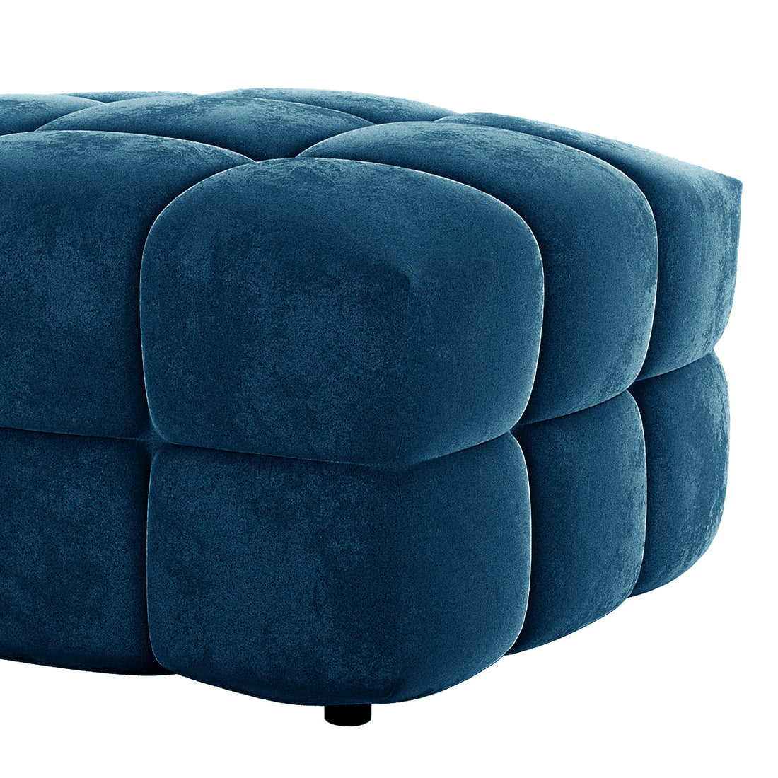 Norah 5 Seater Velvet Sofa Set with Ottoman in Blue, featuring a plush, tufted cube-style ottoman with deep-blue velvet upholstery, showcasing rounded, tufted squares for a luxurious, modular look.