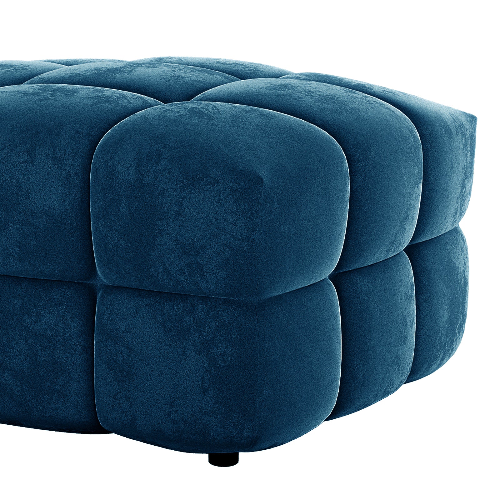 Norah 5 Seater Velvet Sofa Set with Ottoman in Blue, featuring a plush, tufted cube-style ottoman with deep-blue velvet upholstery, showcasing rounded, tufted squares for a luxurious, modular look.