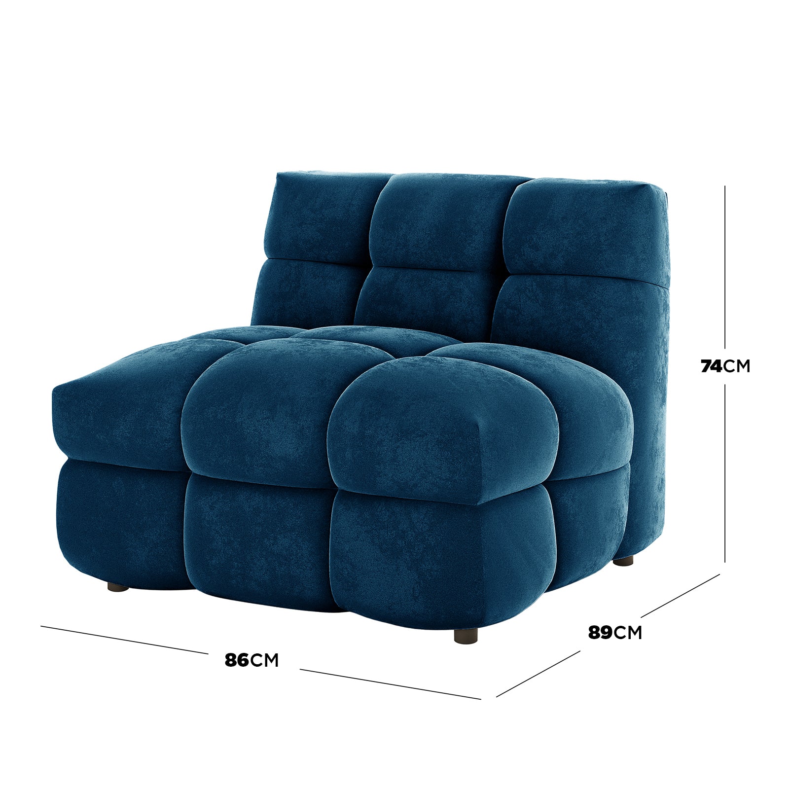 Norah 5 Seater Velvet Sofa Set with Ottoman in Blue, featuring a deep blue/teal armless module with oversized, rounded tufted cushions in a 3x2 grid, measuring 86x89x74 cm.