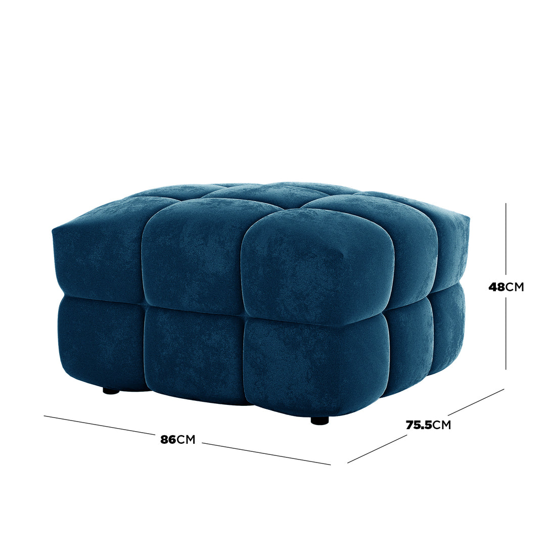 Norah 5 Seater Velvet Sofa Set with Ottoman in Blue features a low, square pouf/ottoman in deep teal-blue velvet, with a grid of nine oversized tufted blocks, measuring 86cm wide, 75.5cm deep, and 48cm tall.