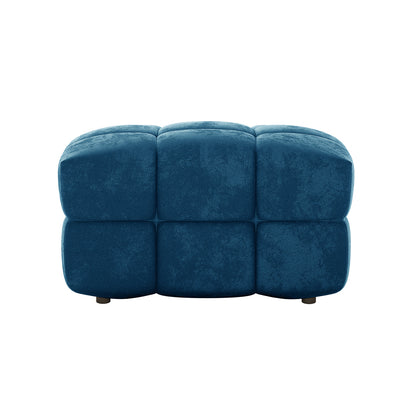 Norah 5 Seater Velvet Sofa Set with Ottoman in Blue features a rectangular ottoman with rich blue/teal tufted upholstery, divided into six segments, resting on low-profile feet for modern elegance.