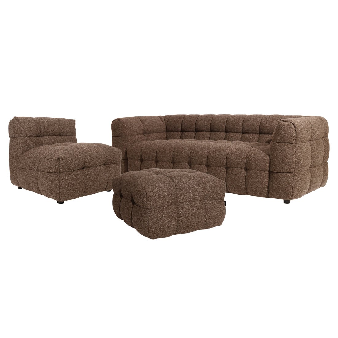 Norah 5 Seater Boucle Sofa Set With Ottoman in Brown features a tufted three-seat sofa, armless chair, and square ottoman with quilted cushions and a plush, cloud-like bouclé finish.