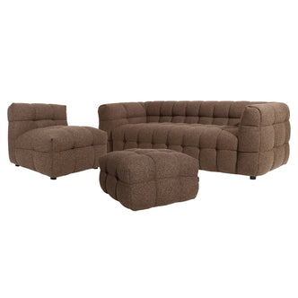Norah 5 Seater Boucle Sofa Set With Ottoman in Brown features a tufted three-seat sofa, armless chair, and square ottoman with quilted cushions and a plush, cloud-like bouclé finish.