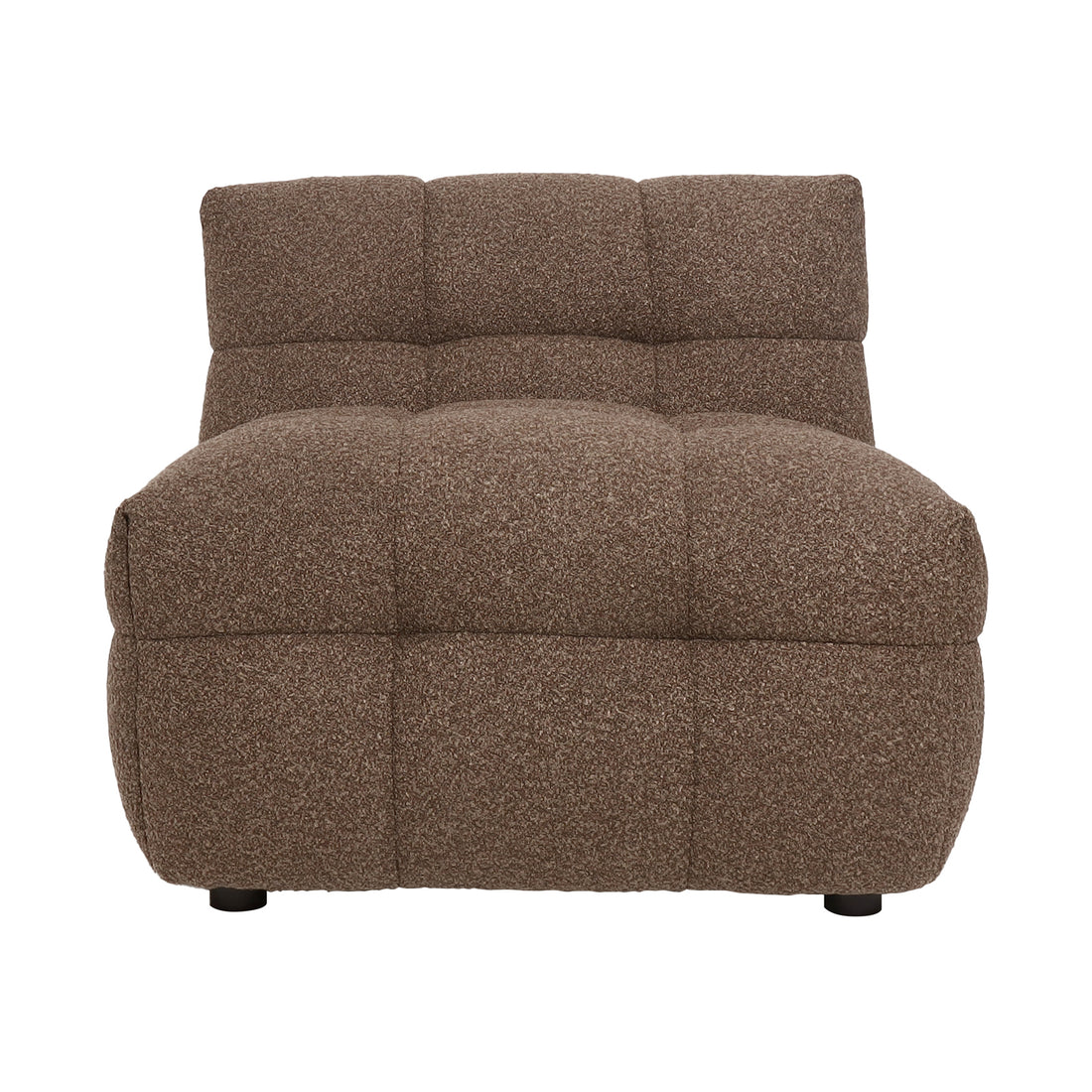 Norah 5 Seater Boucle Sofa Set With Ottoman in Brown features an armless lounge-chair module with quilted tufted sections, offering a plush, low-profile look. Ideal for modular arrangements.