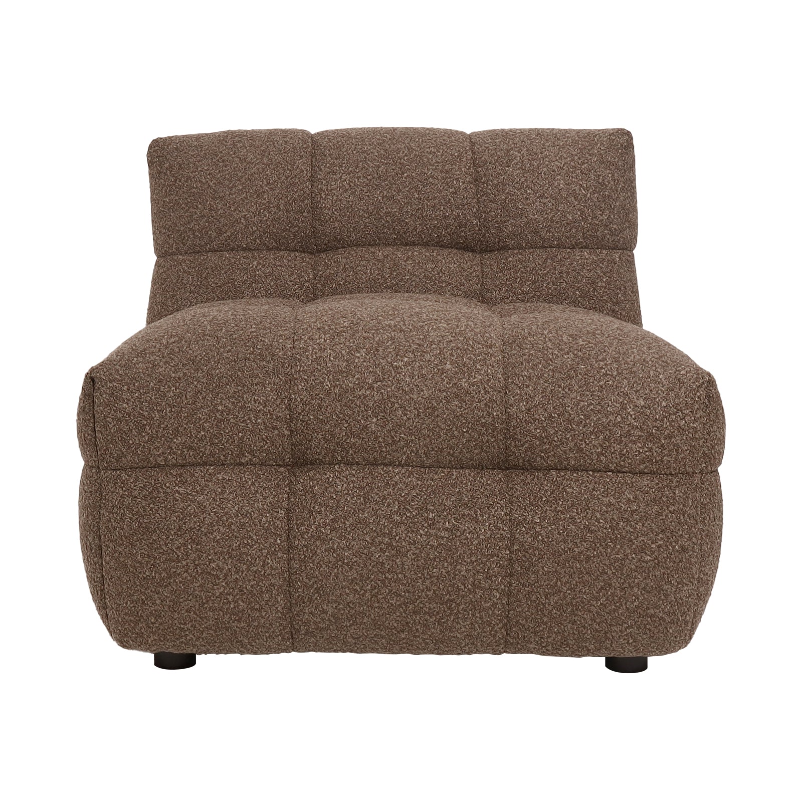 Norah 5 Seater Boucle Sofa Set With Ottoman in Brown features an armless lounge-chair module with quilted tufted sections, offering a plush, low-profile look. Ideal for modular arrangements.