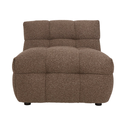 Norah 5 Seater Boucle Sofa Set With Ottoman in Brown features an armless lounge-chair module with quilted tufted sections, offering a plush, low-profile look. Ideal for modular arrangements.