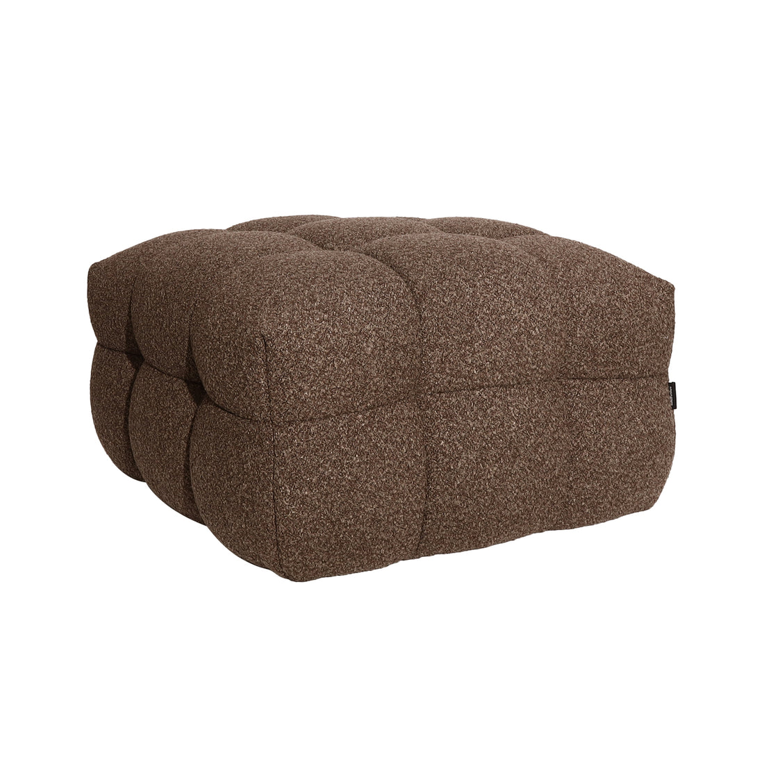 Norah 5 Seater Boucle Sofa Set With Ottoman in Brown, featuring a low, square tufted ottoman with textured fabric, showcasing deep padded puffs for a modular, cushioned look.