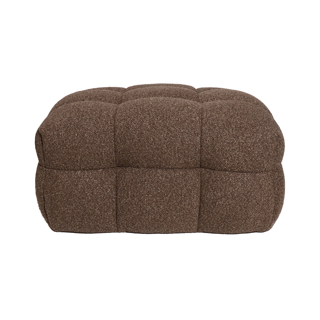 Norah 5 Seater Boucle Sofa Set With Ottoman in Brown, featuring a low, rectangular ottoman upholstered in textured brown fabric, tufted into nine cushioned segments, ideal as a footstool or extra seat.