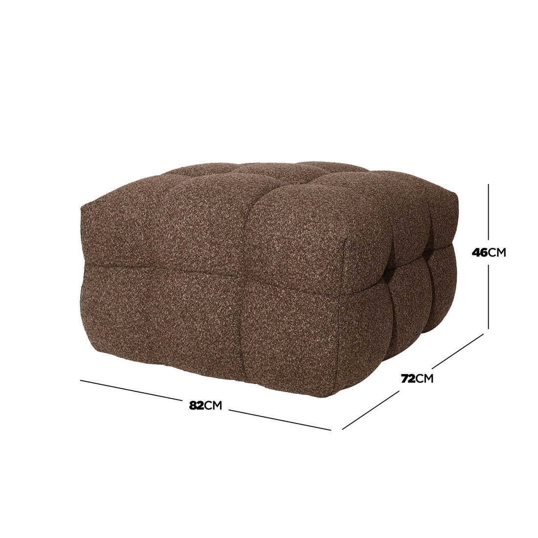 Norah 5 Seater Boucle Sofa Set with Ottoman in Brown features a low, square pouf-style ottoman with heathered brown, tufted fabric, measuring 82 cm long, 72 cm deep, and 46 cm high.