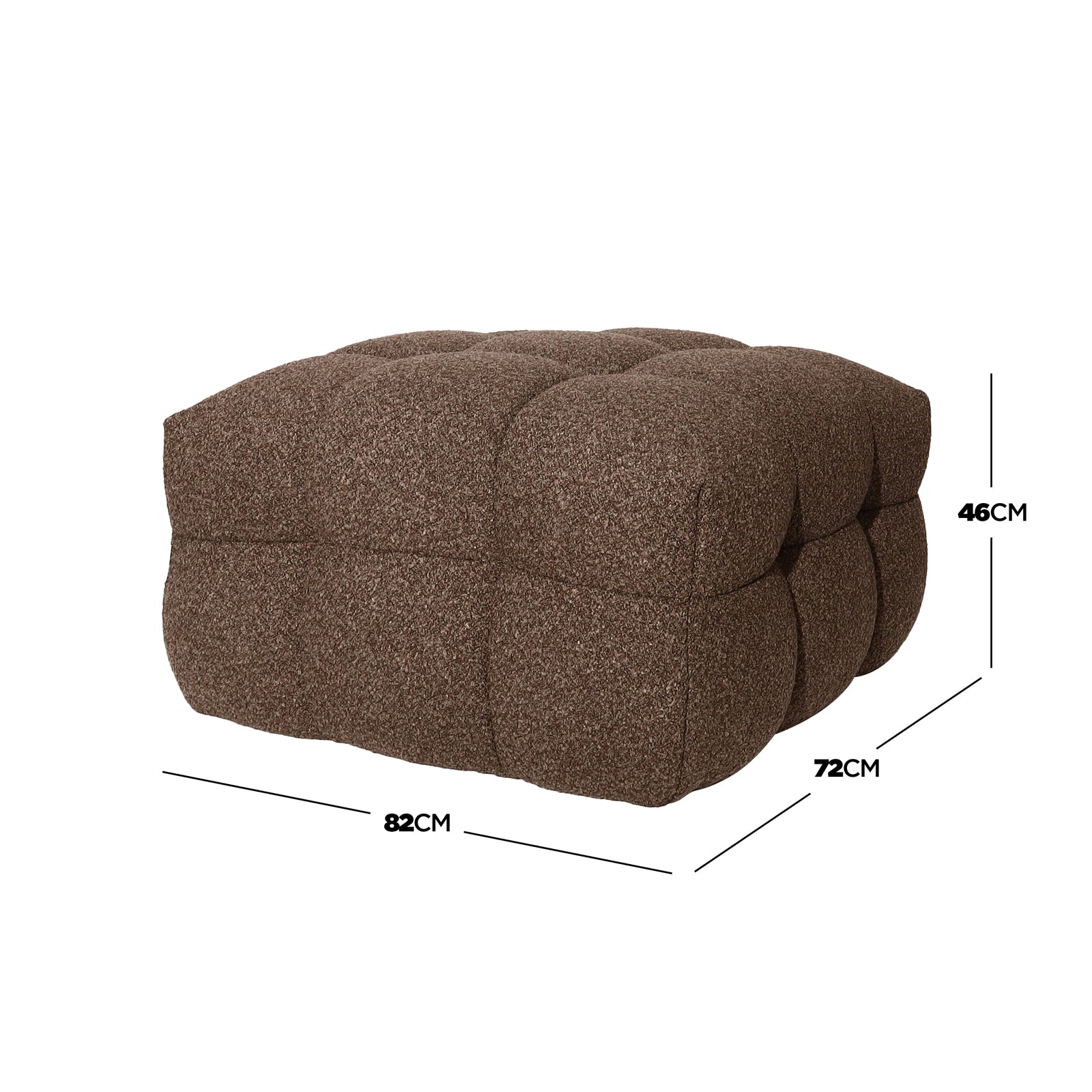 Norah 5 Seater Boucle Sofa Set with Ottoman in Brown features a low, square pouf-style ottoman with heathered brown, tufted fabric, measuring 82 cm long, 72 cm deep, and 46 cm high.