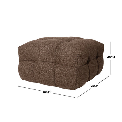 Norah 5 Seater Boucle Sofa Set with Ottoman in Brown features a low, square pouf-style ottoman with heathered brown, tufted fabric, measuring 82 cm long, 72 cm deep, and 46 cm high.
