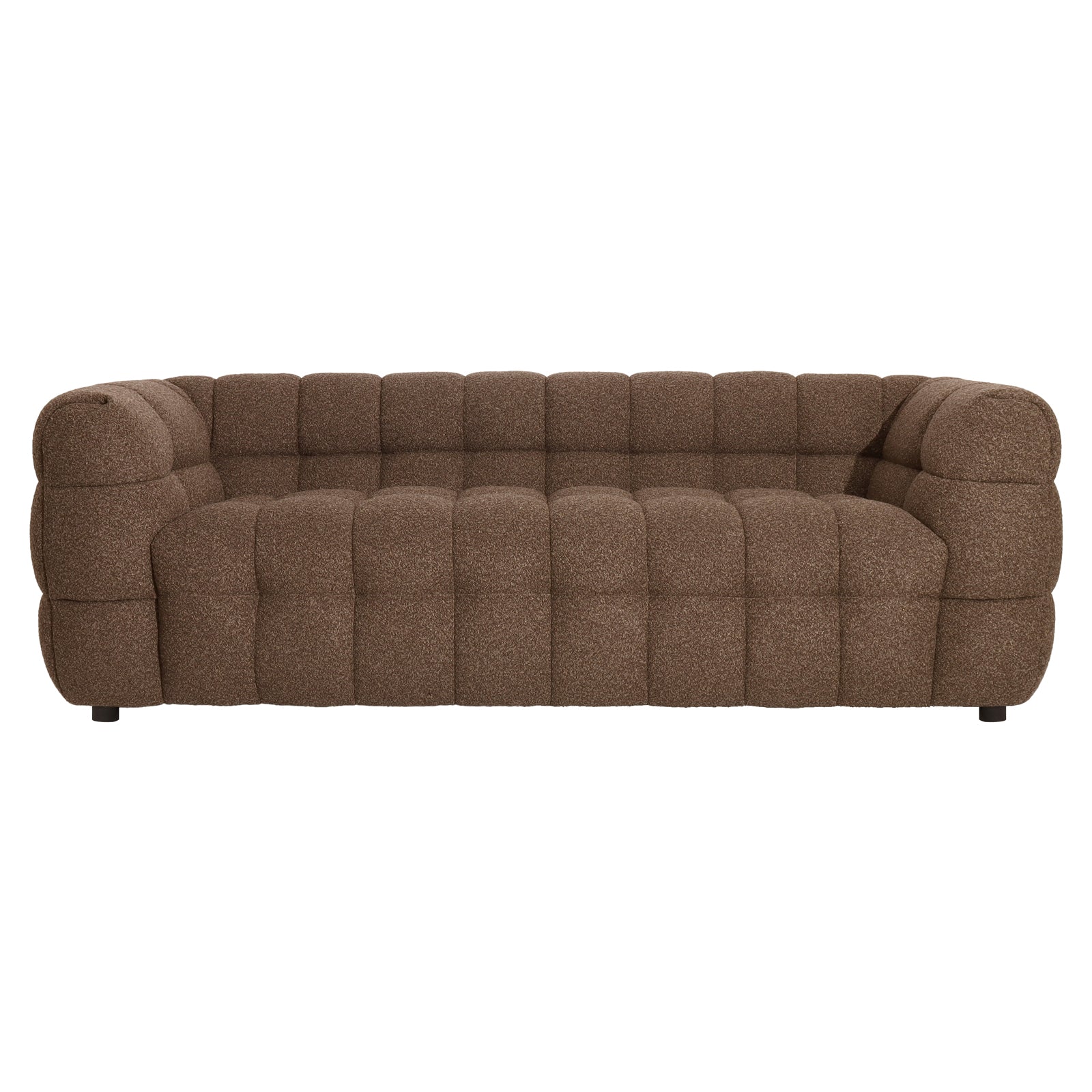 Norah 5 Seater Boucle Sofa Set With Ottoman in Brown features a plush, bubbled appearance with tufted pillows, short discreet legs, and richly textured brown boucle fabric, offering modern elegance and comfort.