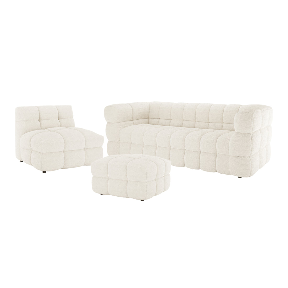 Norah 5 Seater Boucle Sofa Set with Ottoman in Cream White featuring a low-profile tufted sofa, armless lounge chair, and matching ottoman, all with pillow-block design and rounded edges.