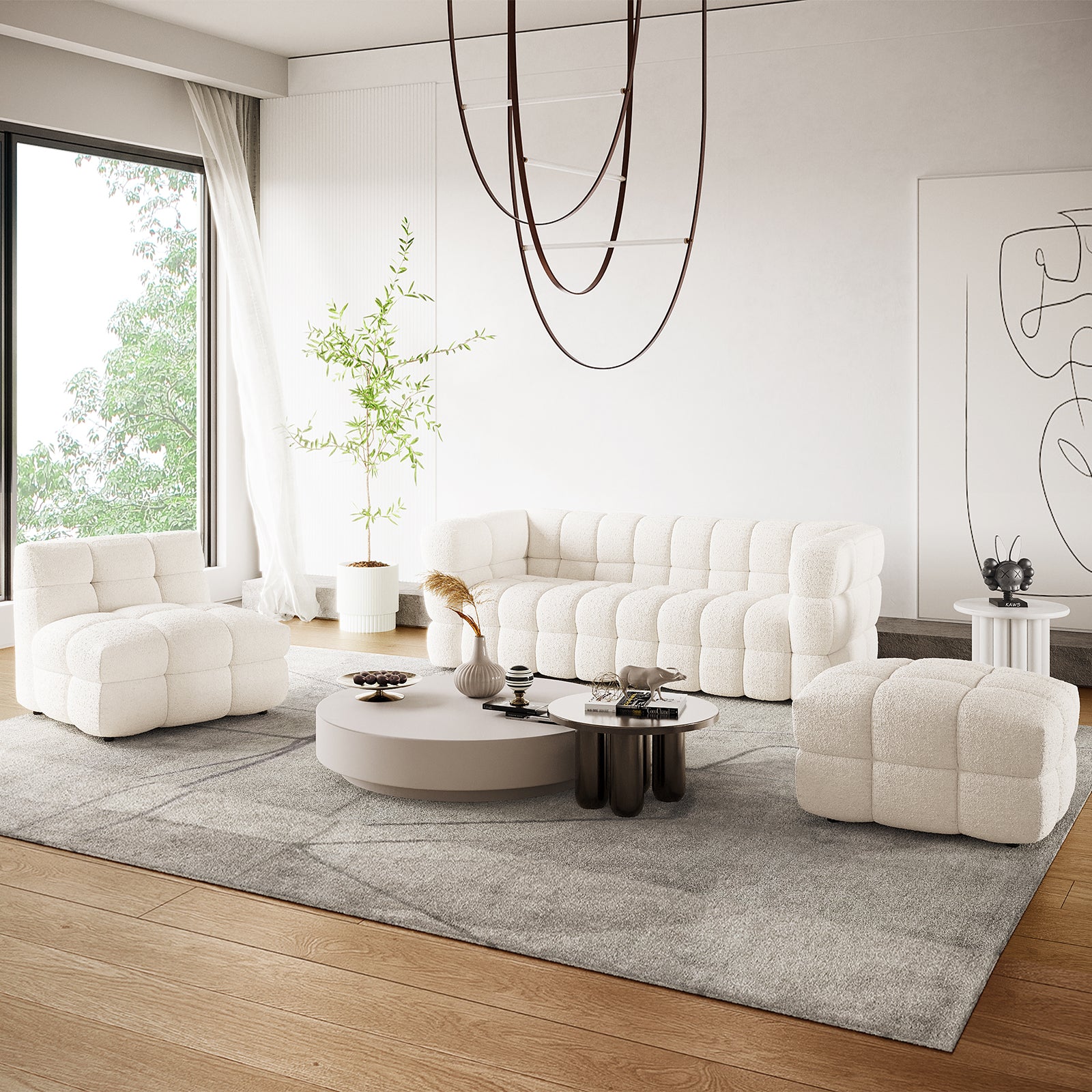 Norah 5 Seater Bouclé Sofa Set with Ottoman in cream white, featuring a tufted, pillow-like grid pattern, paired with matching lounge chair in a bright, minimalist living room setting.