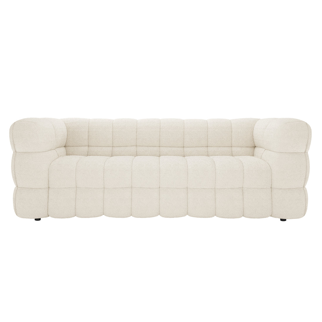 Norah 5 Seater Boucle Sofa Set with Ottoman in Cream White, featuring a tufted, cream-colored, boucle-style upholstery with deep cushion segments, sits on low feet for a modern, stylish look.