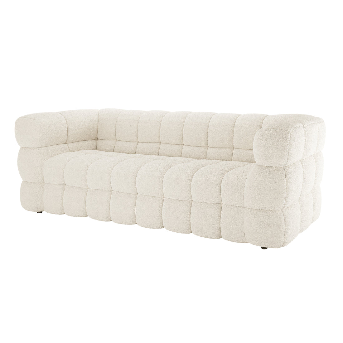 Norah 5 Seater Boucle Sofa Set with Ottoman in Cream White, featuring oversized grid-style tufting and plush appearance, offers a modern, cloud-like comfort with its luxurious bouclé fabric and modular design.