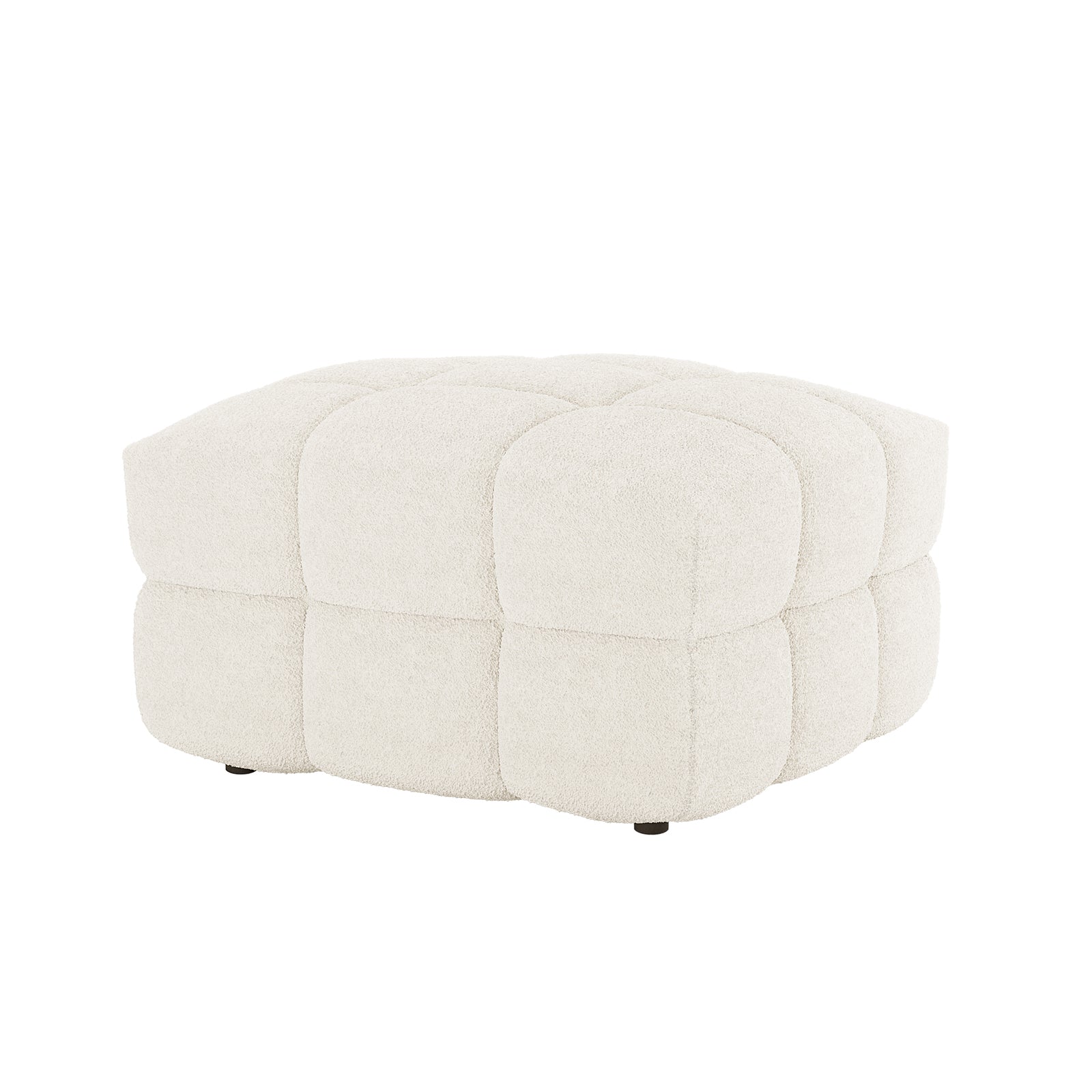 Norah 5 Seater Boucle Sofa Set with Ottoman in Cream White, featuring a square, tufted ottoman in soft boucle fabric with a quilted 3×3 pattern, suitable for varied living space functions.