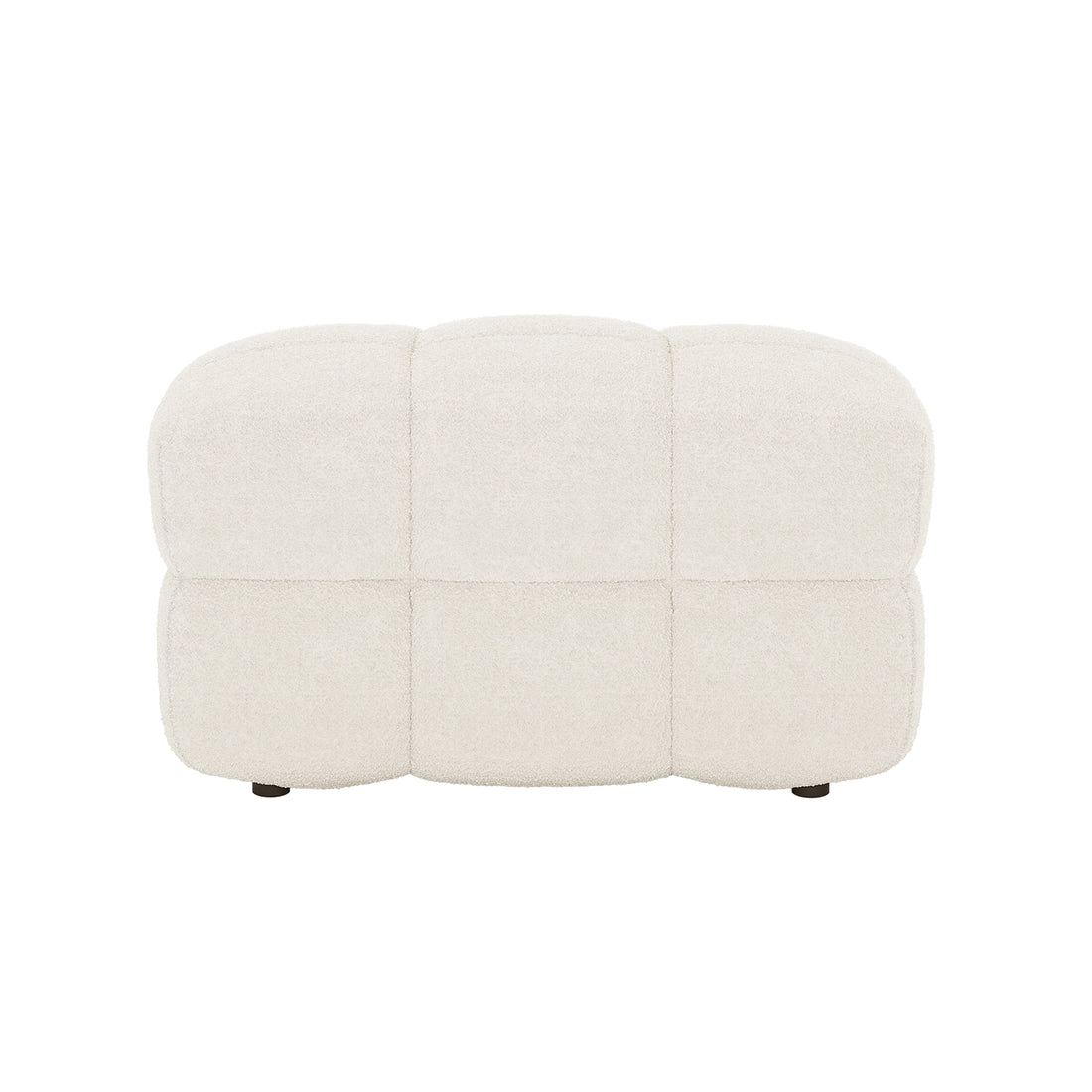 Norah 5 Seater Boucle Sofa Set with Ottoman in Cream White, featuring a low, rectangular ottoman upholstered in off-white bouclé fabric with six-panel pillow-block stitching, appearing to float on low feet.