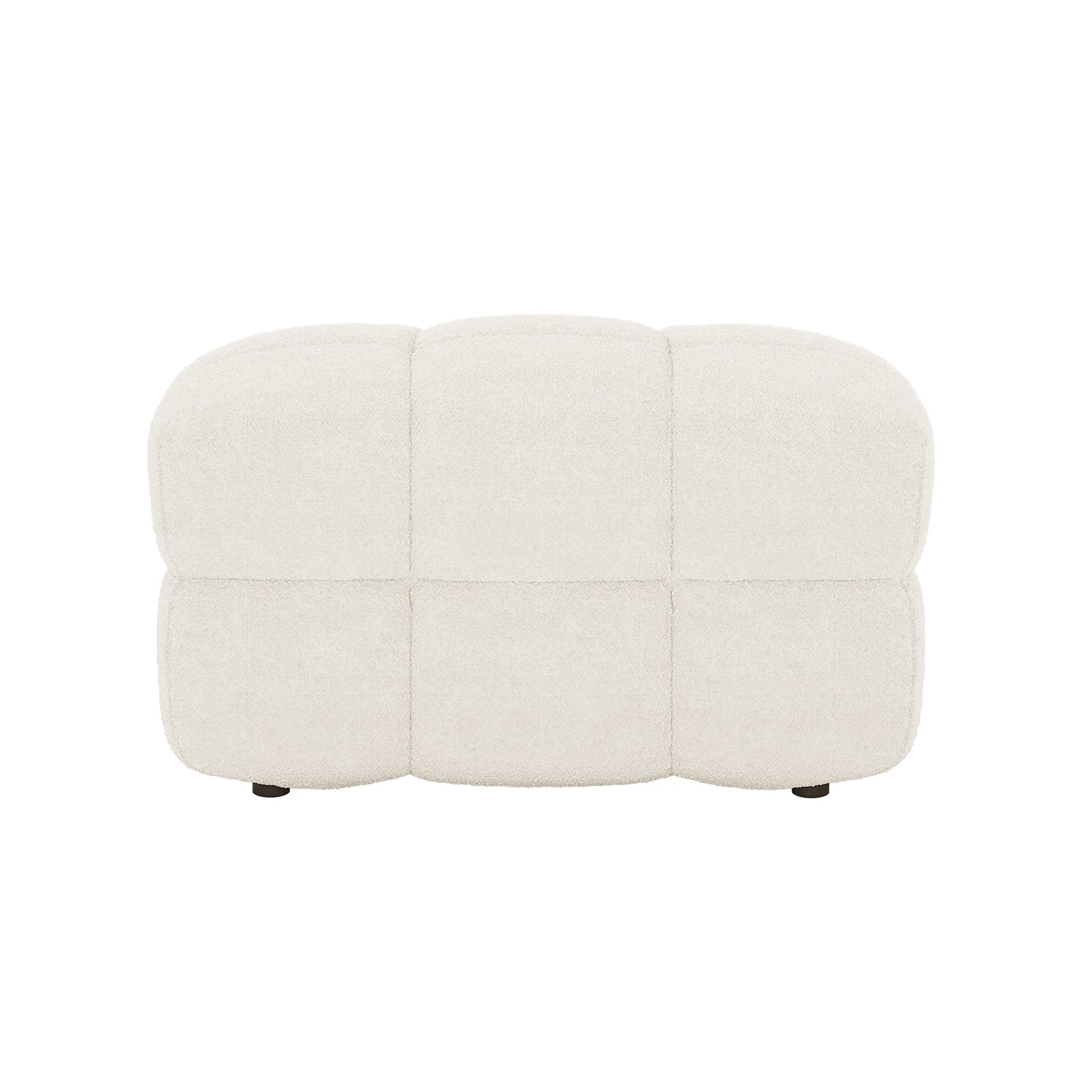 Norah 5 Seater Boucle Sofa Set with Ottoman in Cream White, featuring a low, rectangular ottoman upholstered in off-white bouclé fabric with six-panel pillow-block stitching, appearing to float on low feet.