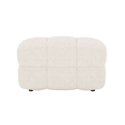 Norah 5 Seater Boucle Sofa Set with Ottoman in Cream White, featuring a low, rectangular ottoman upholstered in off-white bouclé fabric with six-panel pillow-block stitching, appearing to float on low feet.