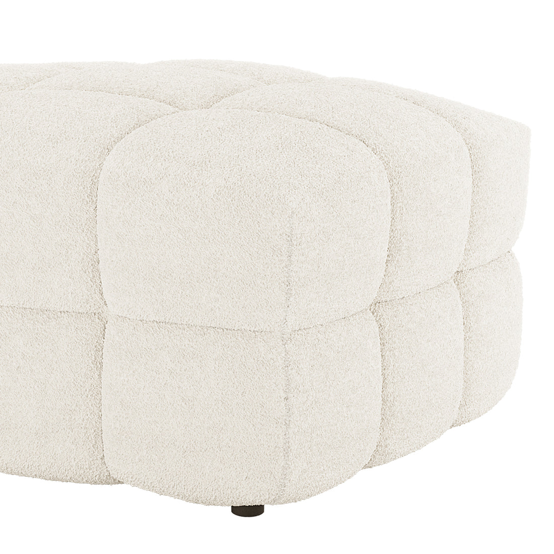 Close-up of the Norah 5 Seater Boucle Sofa Set with Ottoman in Cream White, showcasing tufted boucle fabric and quilted stitching on the ottoman, elevated on low legs.