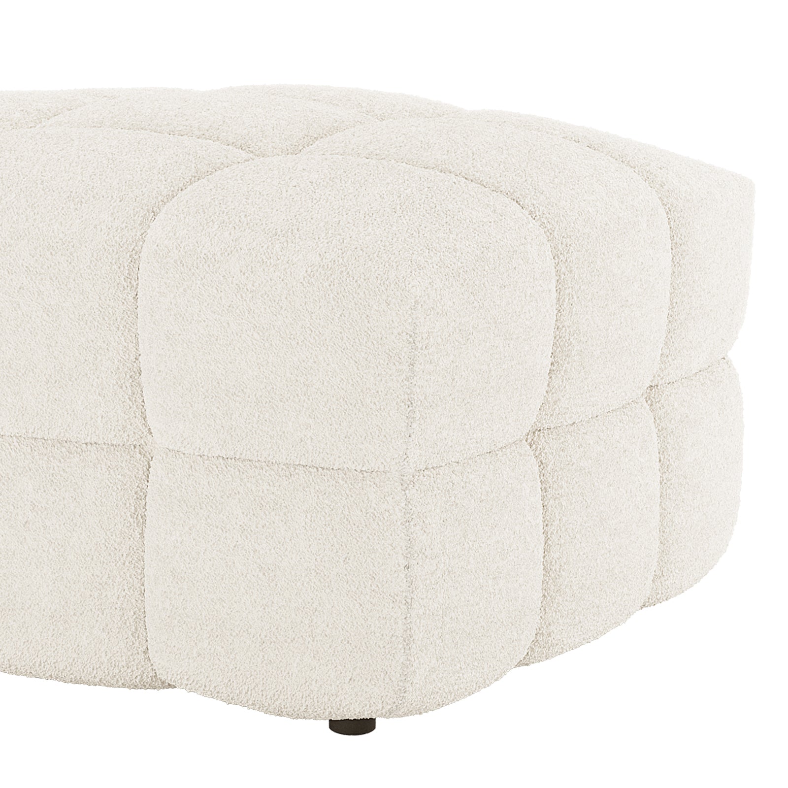 Close-up of the Norah 5 Seater Boucle Sofa Set with Ottoman in Cream White, showcasing tufted boucle fabric and quilted stitching on the ottoman, elevated on low legs.