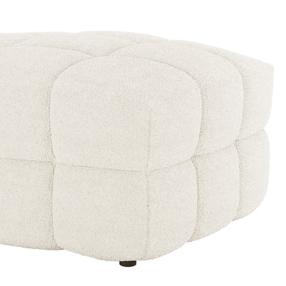 Close-up of the Norah 5 Seater Boucle Sofa Set with Ottoman in Cream White, showcasing tufted boucle fabric and quilted stitching on the ottoman, elevated on low legs.