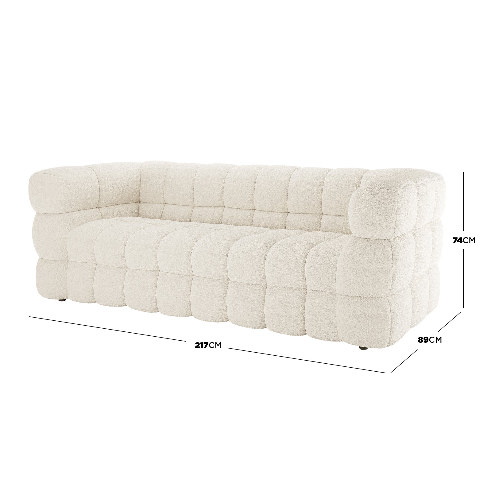 Norah 5 Seater Boucle Sofa Set with Ottoman in Cream White features a modern, low-profile design with tufted, cloud-like cushions. Dimensions: 217 cm wide, 89 cm deep, 74 cm tall.