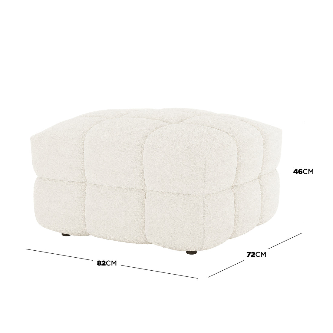 Norah 5 Seater Boucle Sofa Set with Ottoman in Cream White features a plush, quilted square ottoman with soft, off-white bouclé fabric, measuring 82 cm wide, 72 cm deep, 46 cm tall.